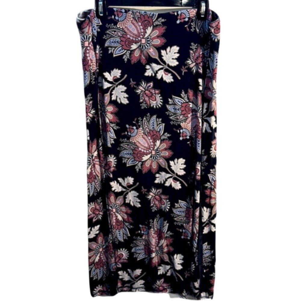 Loft Large navy & blush floral elastic waist stretch maxi w side slit
